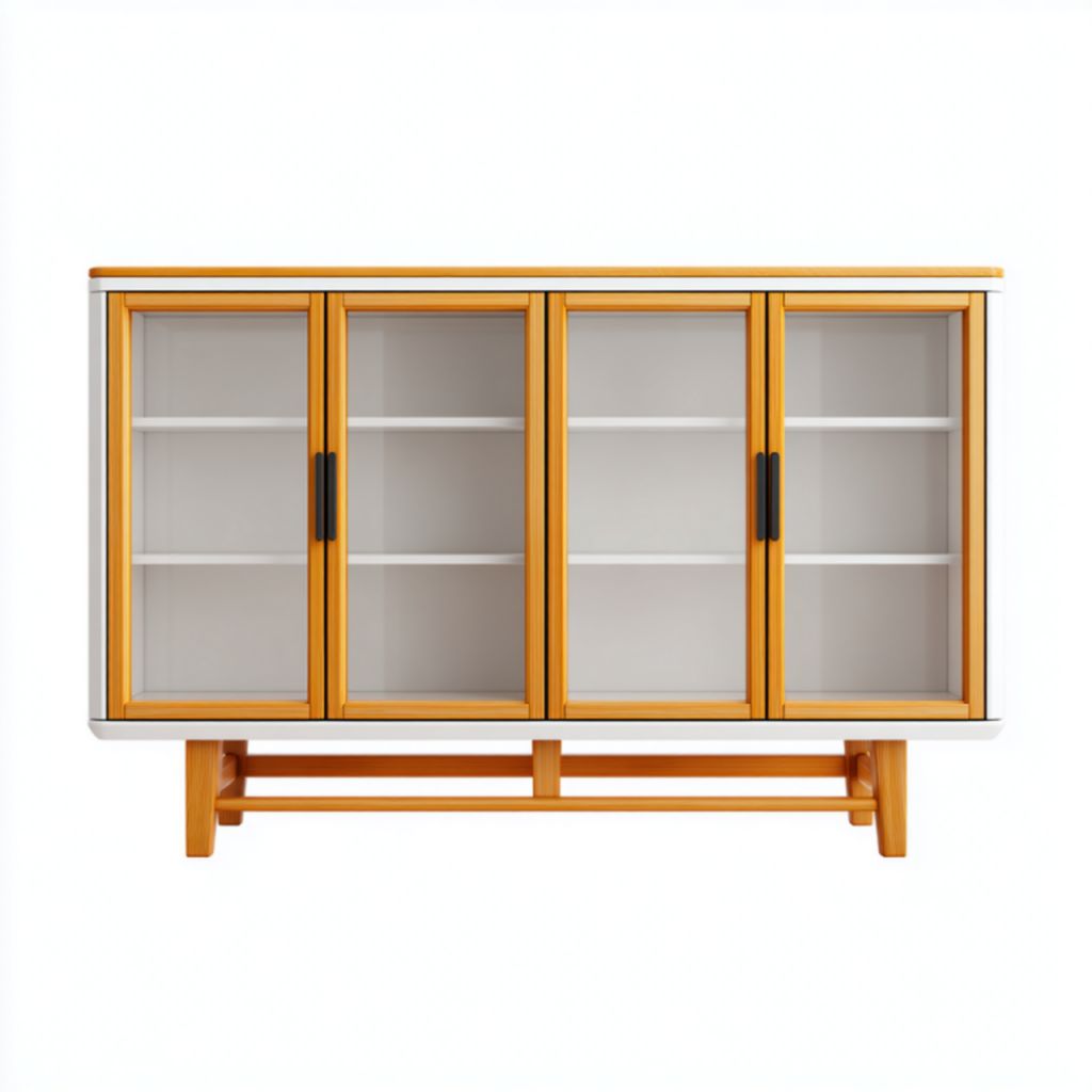 Aparador con marco naranja y puertas de vidrio, estantes interiores