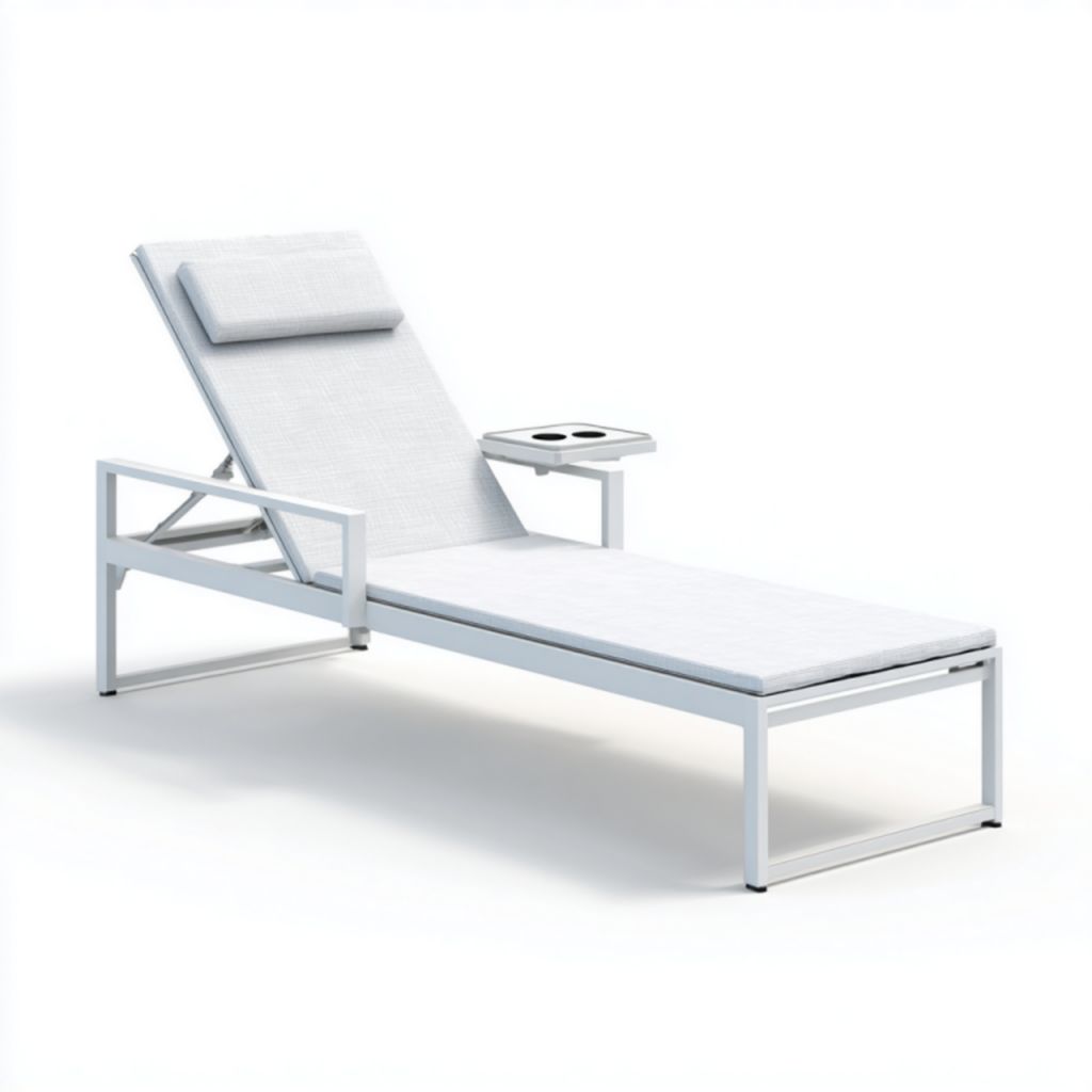 Tumbona de exterior con estructura de aluminio blanca, cojín grueso y reposacabezas blancos con portavasos