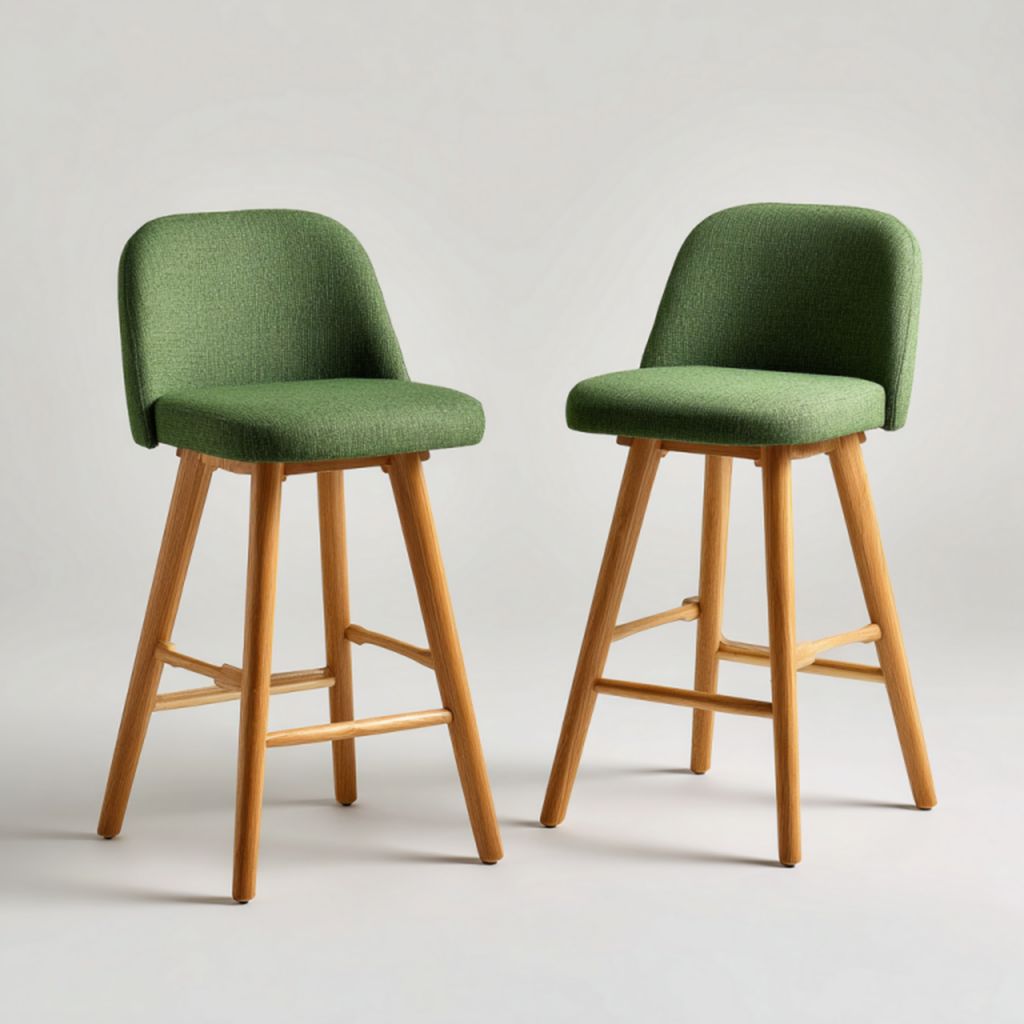 Taburete nórdico alto verde con respaldo y patas color roble
