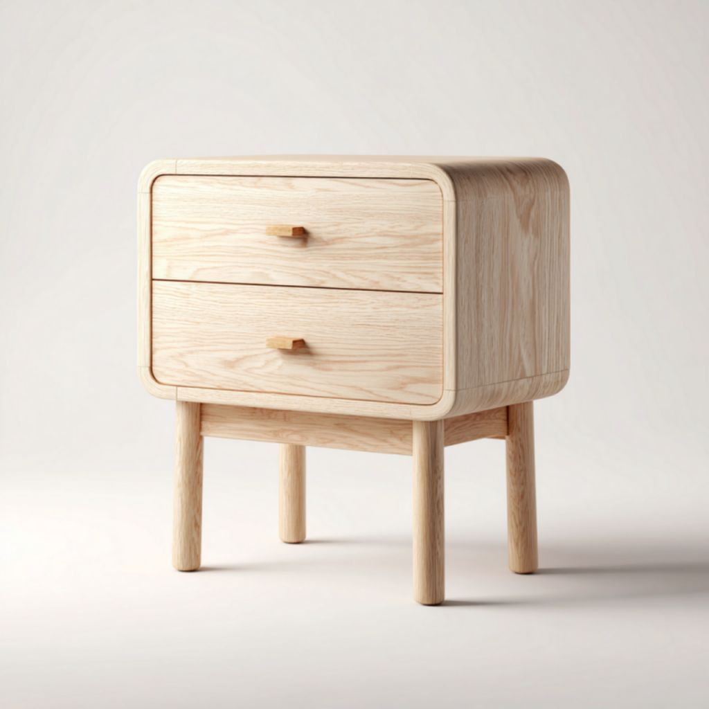 Mesita de noche de madera clara con dos cajones y diseño de esquinas redondeadas