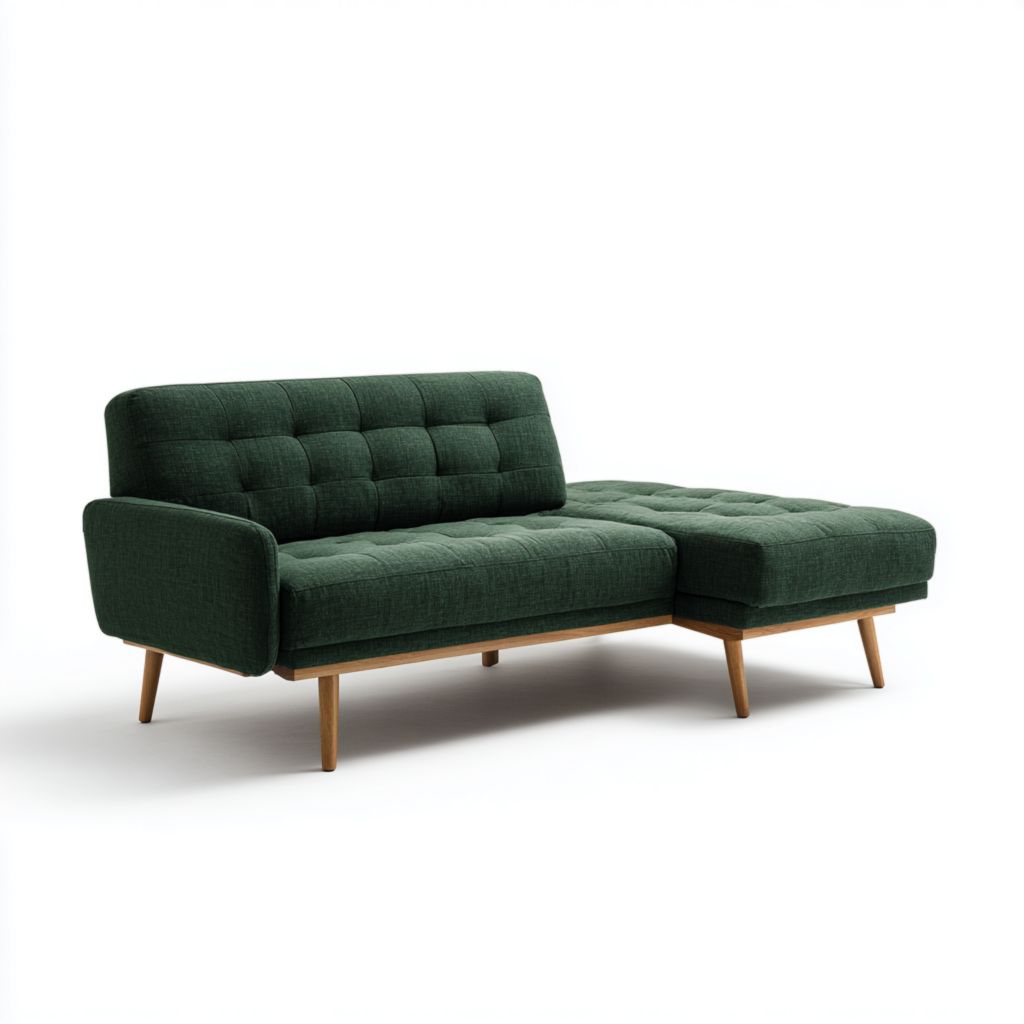 Sofá de esquina en tela verde (tres plazas, patas de madera, sin cojines)