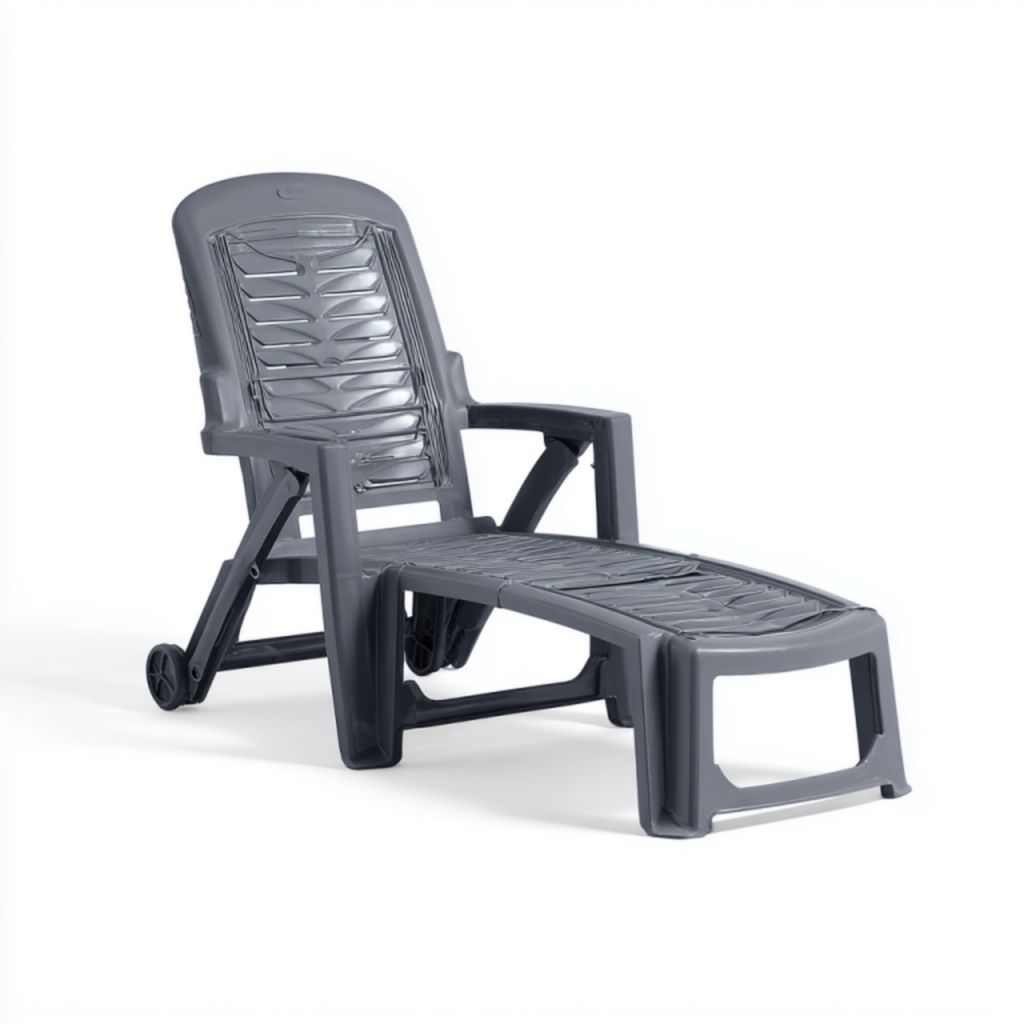 Tumbona de exterior plegable gris de plástico con ruedas