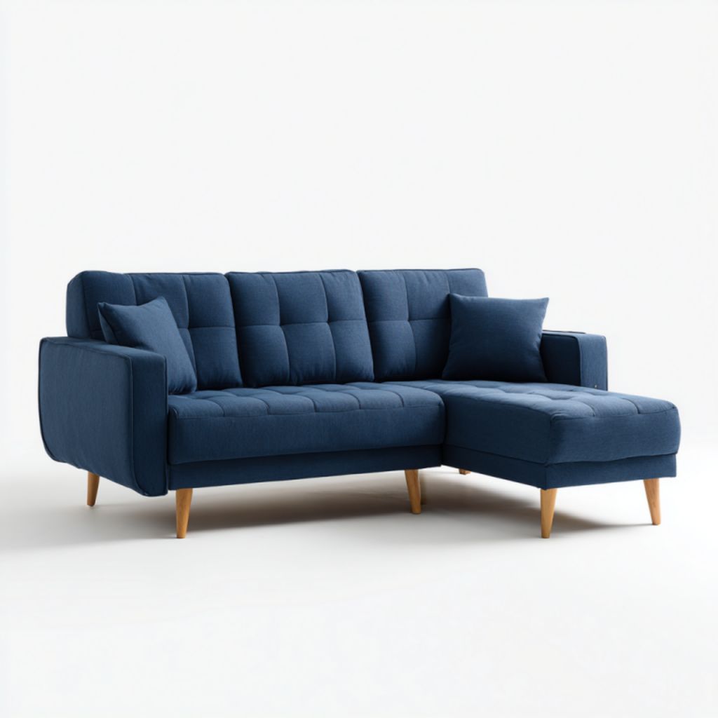 Sofá de esquina en tela azul oscuro (tres plazas, patas de madera, con dos cojines a juego)