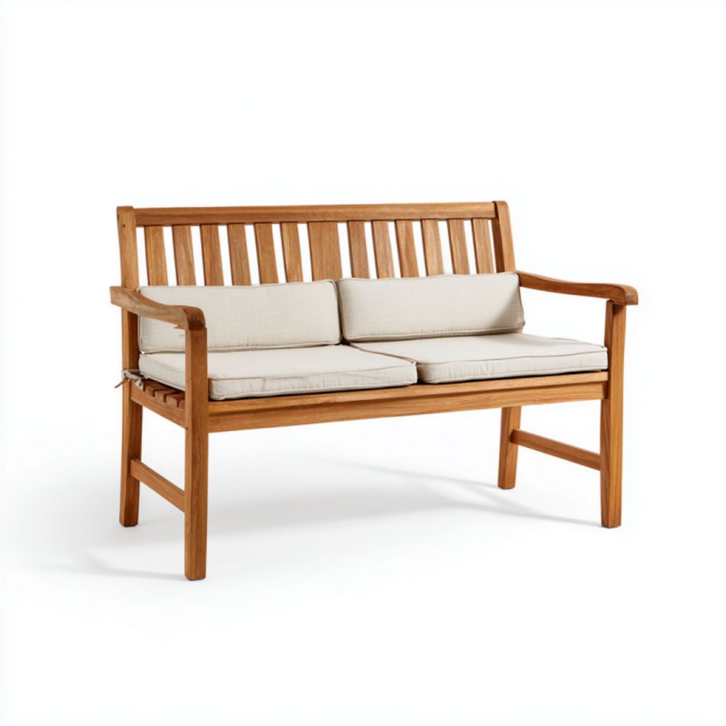 Banco de jardín de madera clara con cojines beige, 3 plazas