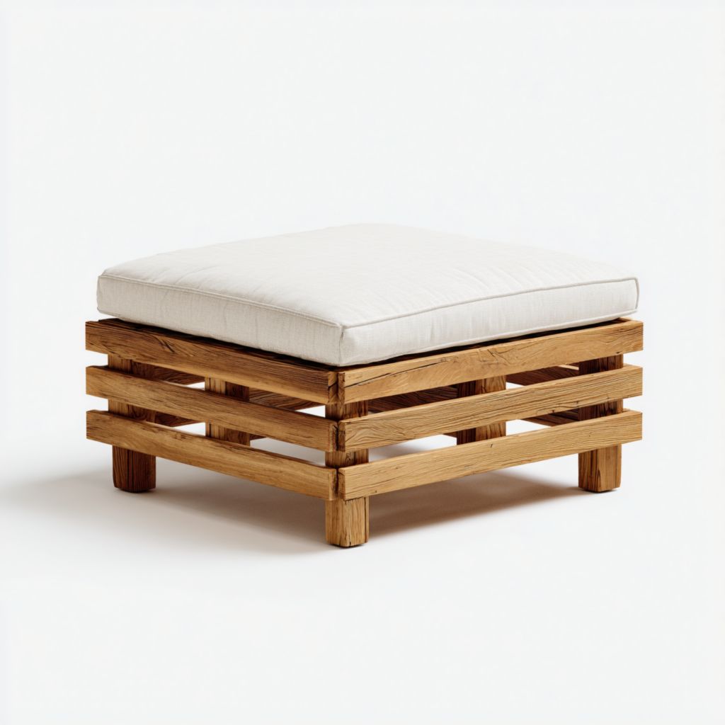 Taburete cuadrado de exterior con estructura de madera y cojín beige