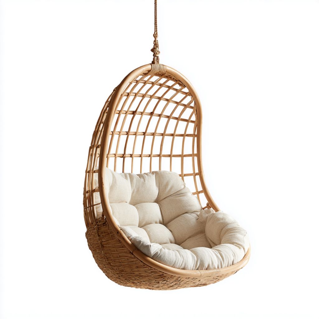 Silla Colgante Estilo Natural, Hecha de Rattan con Cojines de Algodón, Ideal para Exterior e Interior