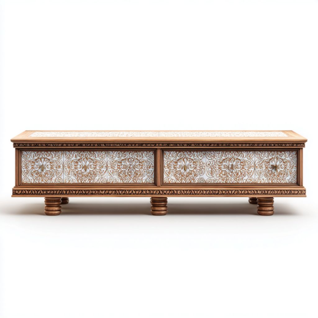 Mueble de TV con talla decorativa, 2 cajones, color blanco y madera