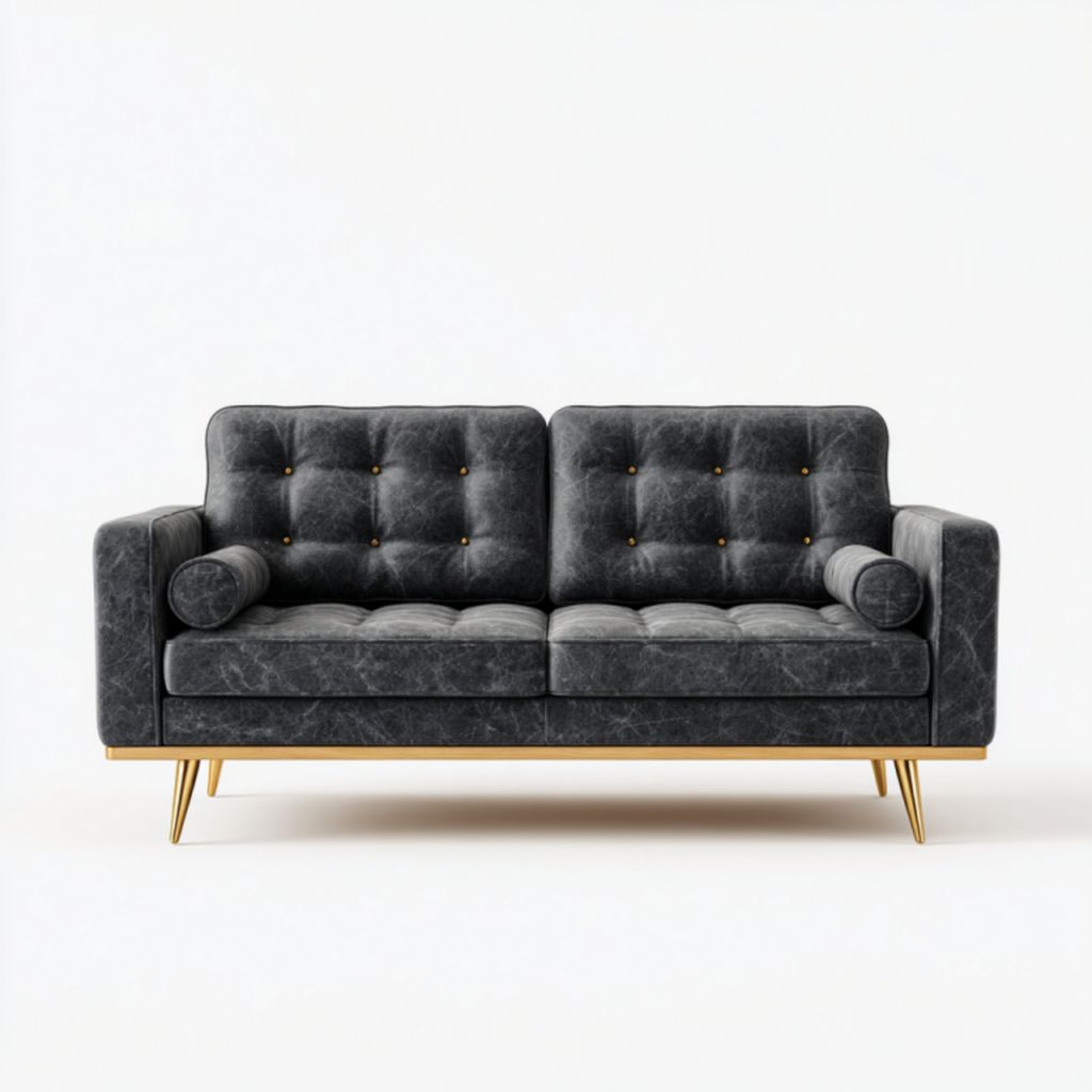 Sofá de 2 plazas negro de piel sintética con cojines cilíndricos y patas metálicas doradas