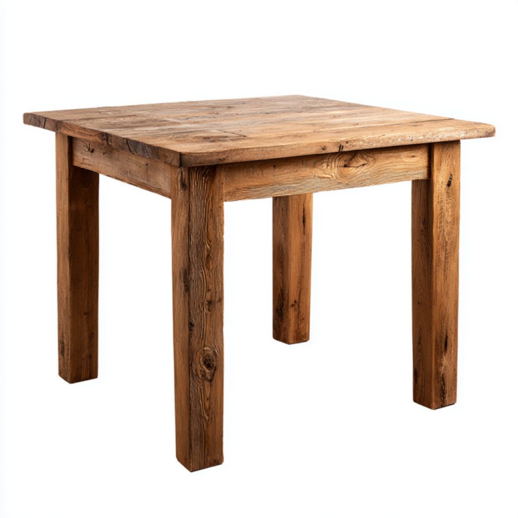 Mesa de comedor cuadrada de madera maciza con acabado rústico natural