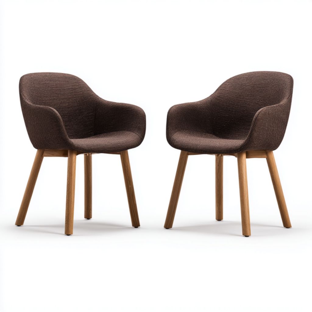 Juego de 2 sillas con brazos tapizadas en tela marrón y patas de madera maciza
