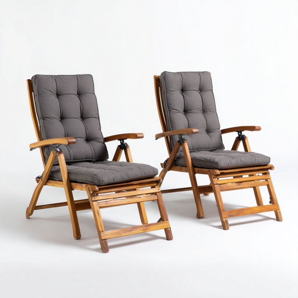 Sillas reclinables de exterior con cojines grises (2 piezas por set), marco de madera duradero, ideal para descansar