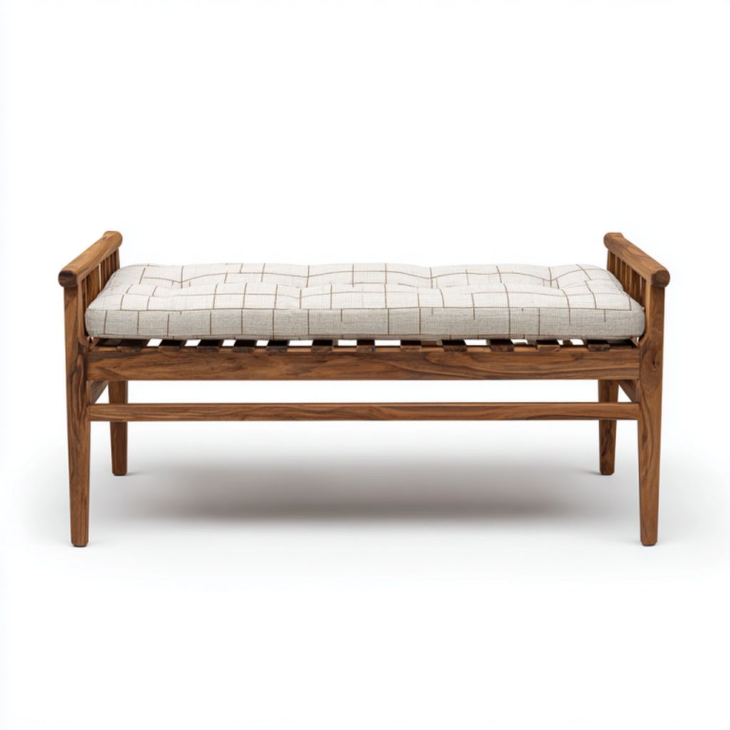 Banco de madera maciza con cojín beige a cuadros