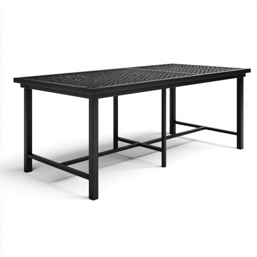 Mesa rectangular exterior con marco de metal negro y diseño de rejilla, estilo moderno y sencillo