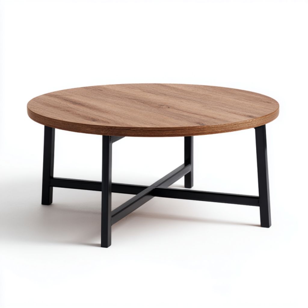 Mesa de centro redonda con tablero de madera y estructura metálica negra