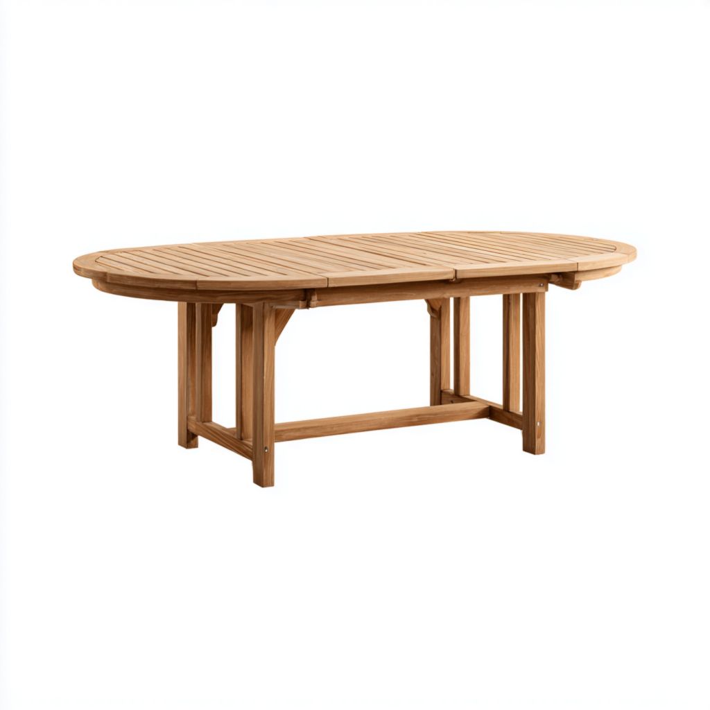 Mesa ovalada exterior de madera maciza, resistente y ideal para reuniones al aire libre