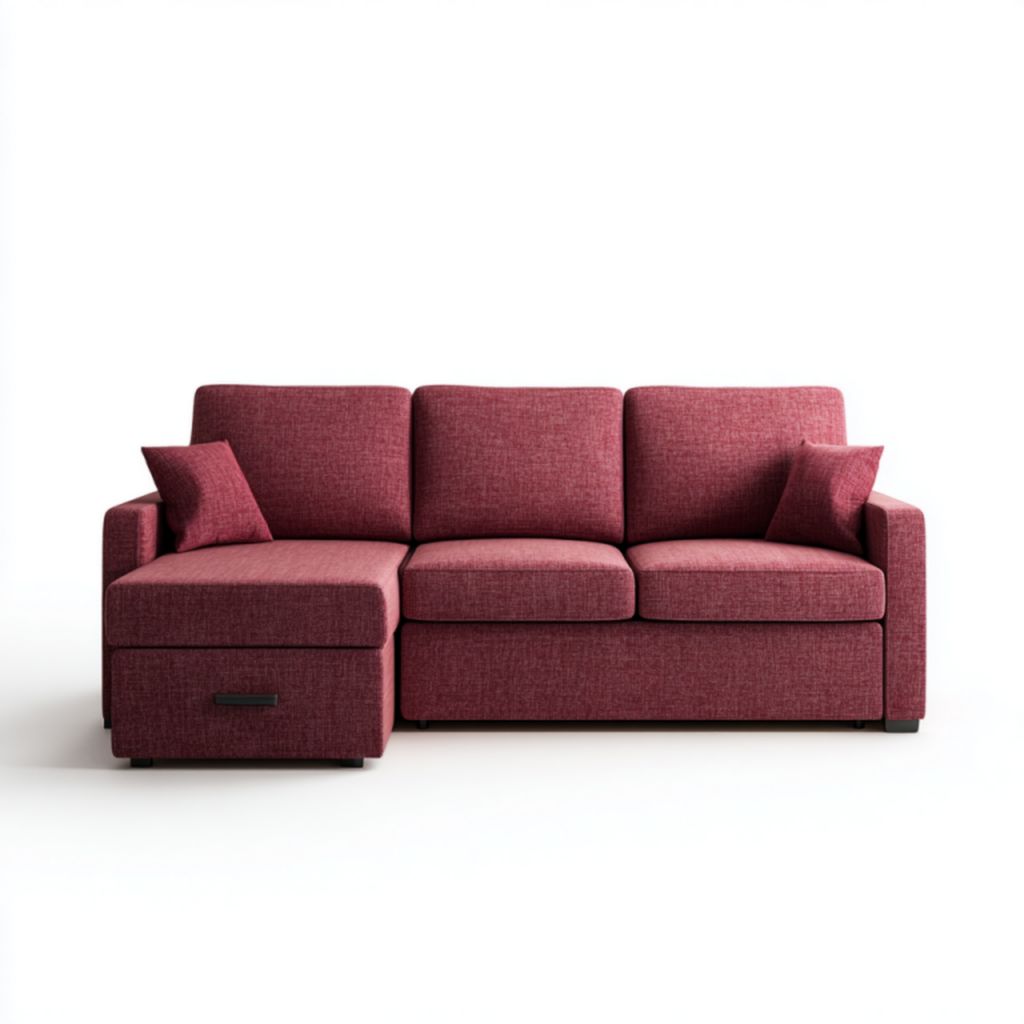 Sofá de esquina en tela roja (tres plazas con chaise longue, 2 cojines a juego y espacio de almacenamiento)