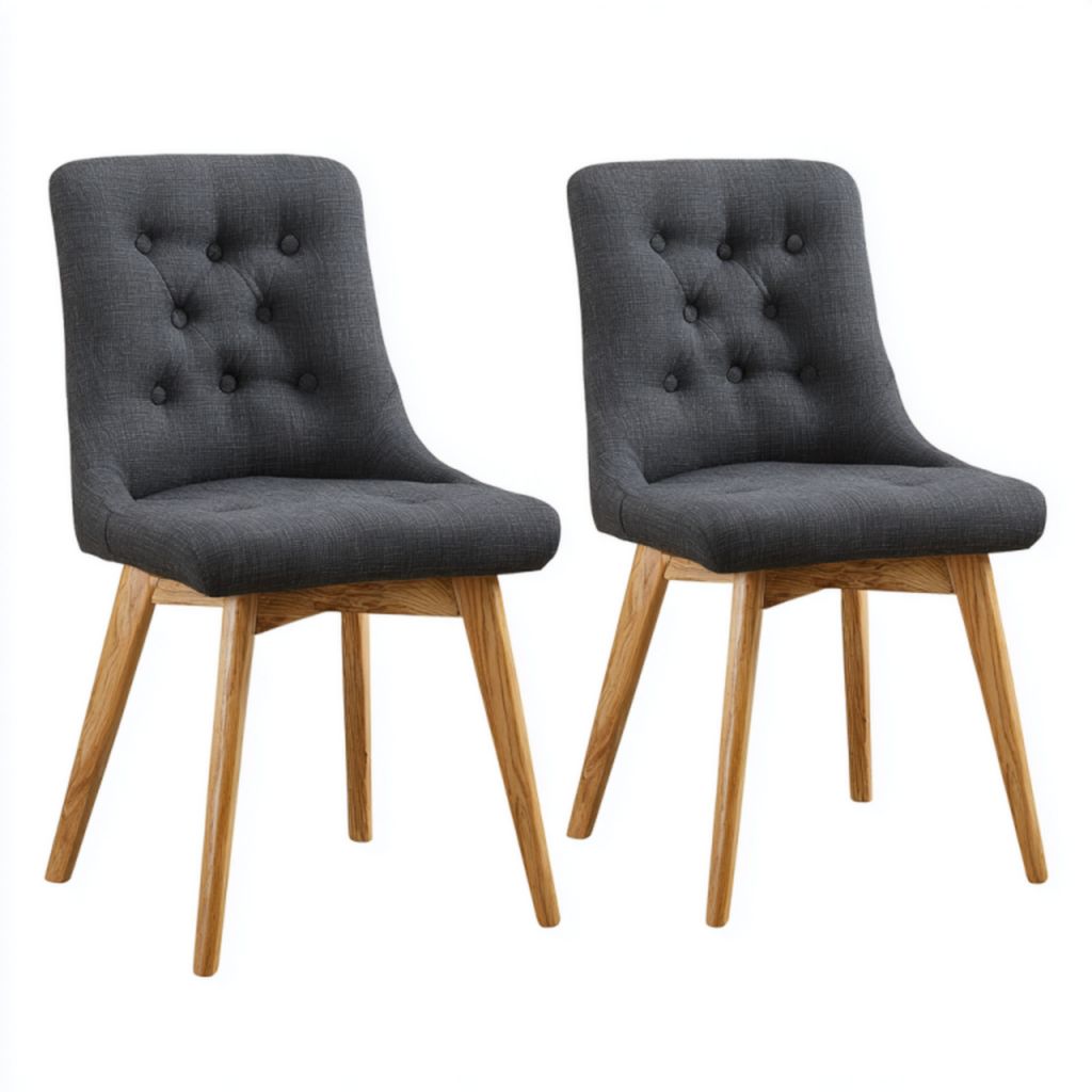 Juego de 2 sillas de madera tapizadas en tela gris oscuro con respaldo capitoné