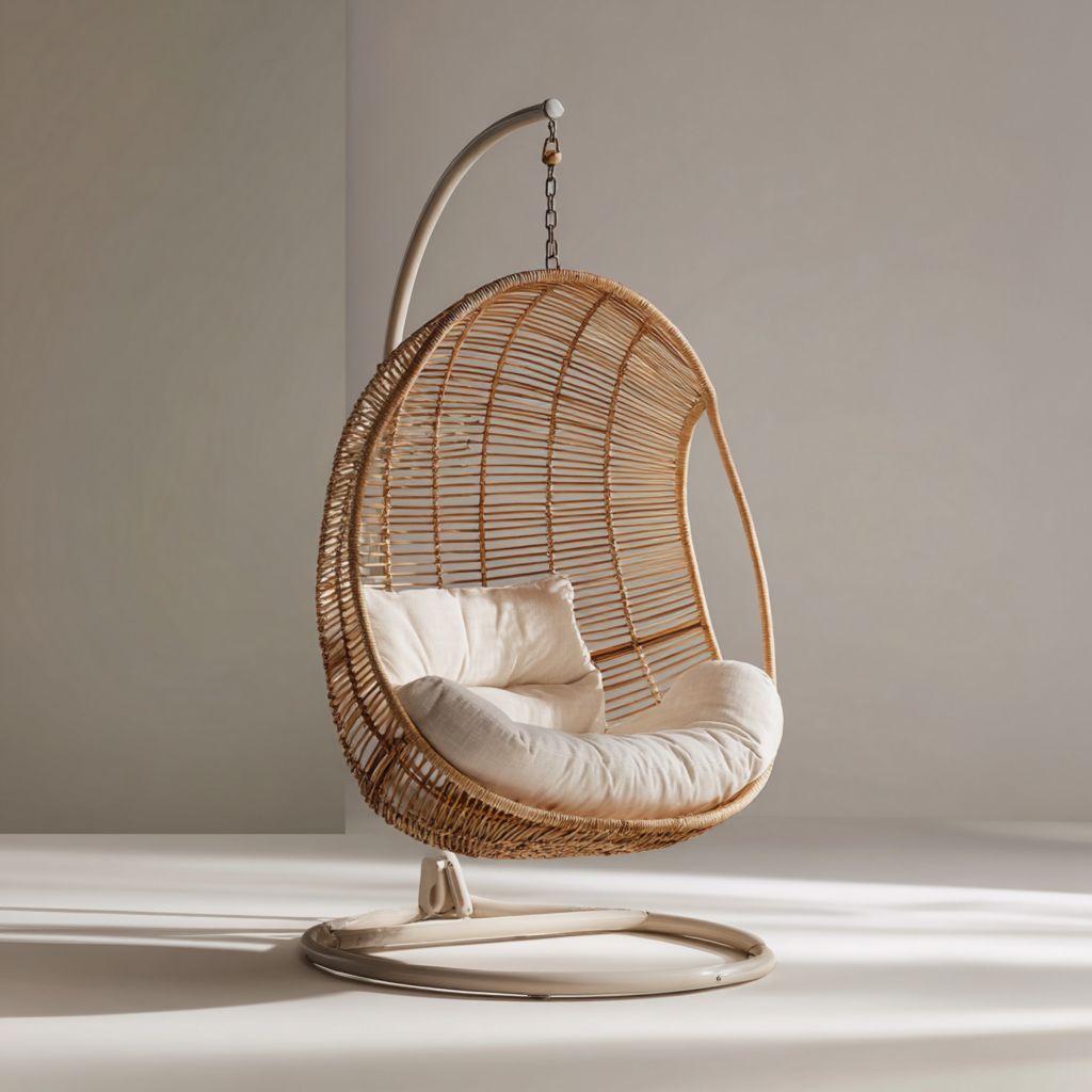 Silla colgante moderna, combinación de mimbre y metal, con cojín cómodo para interiores y exteriores