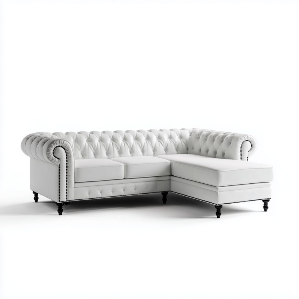 Sofá de esquina estilo Chesterfield en piel sintética blanca con chaise longue