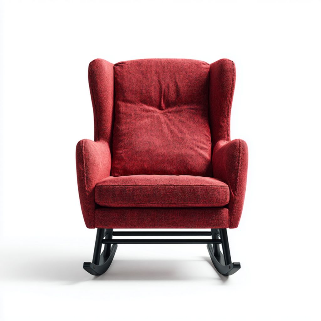 Sillón mecedora con cojines rojos y base metálica negra