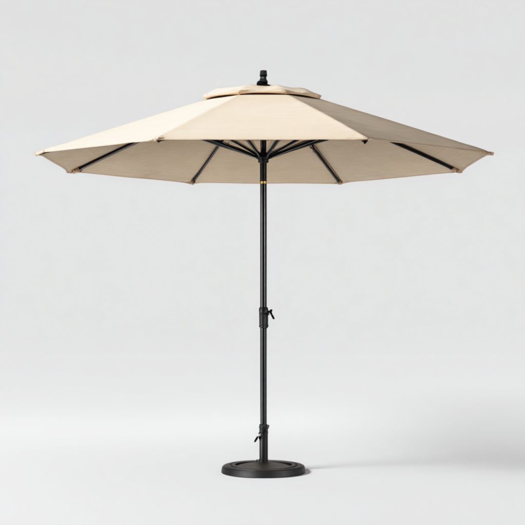 Sombrilla Circular para Patio Beige, Estructura de Aluminio, Base Plástica Redonda, 2 Años de Garantía