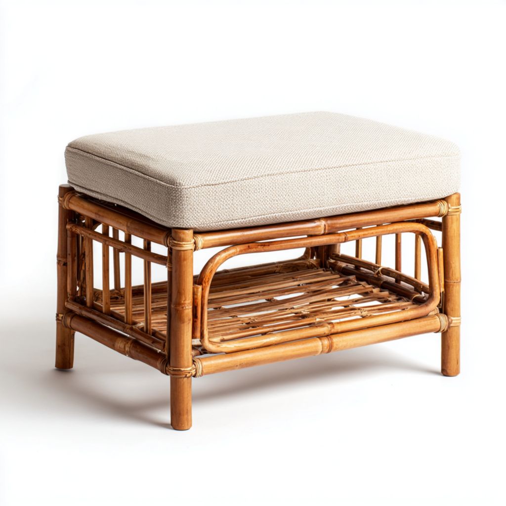 Taburete de exterior de mimbre con cojín y espacio de almacenamiento en la parte inferior