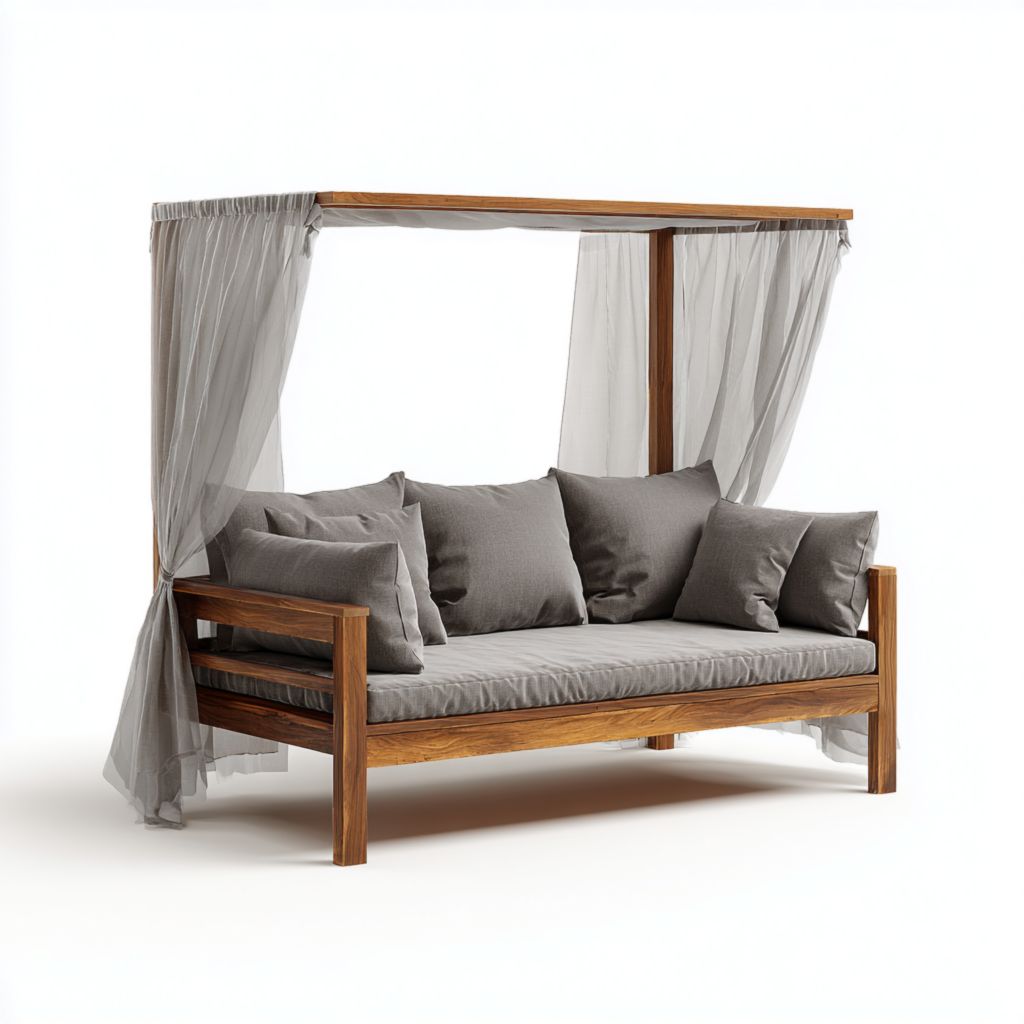 Sofá de jardín con estructura de madera, cojines grises y cortinas, ideal para exteriores