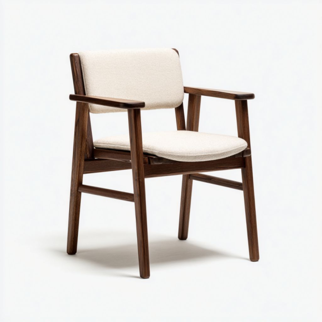 Sillón de madera oscura con cojines beige