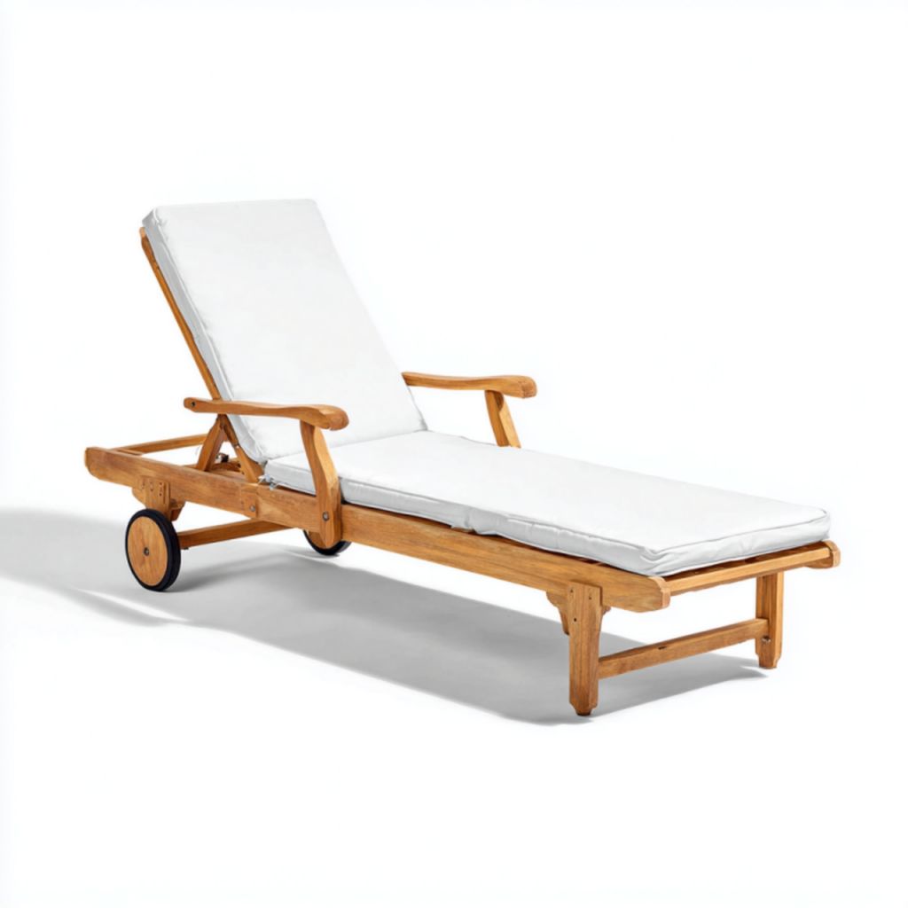 Tumbona de madera para exterior con cojín blanco y ruedas
