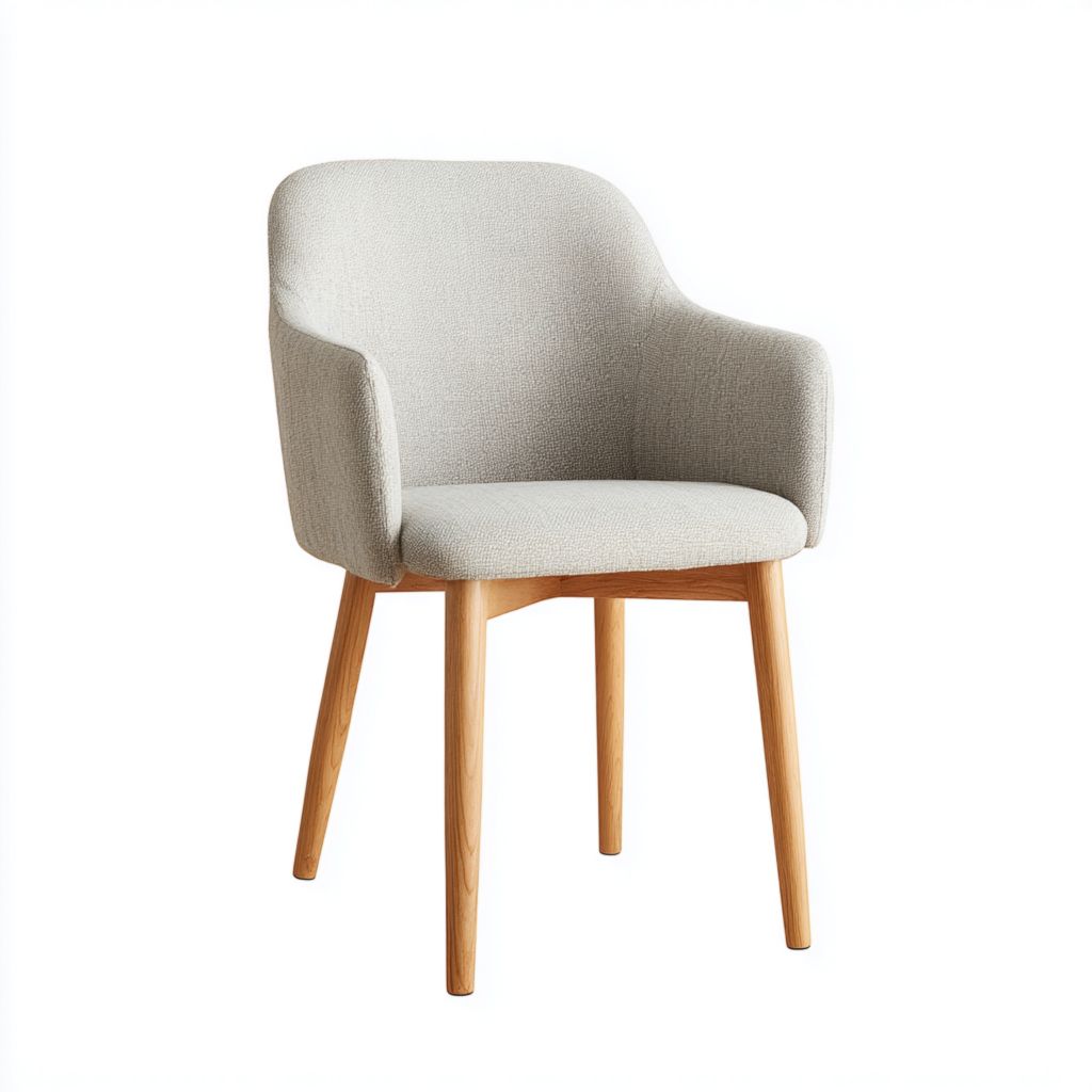 Silla de comedor tapizada en gris claro con patas de madera maciza y brazos