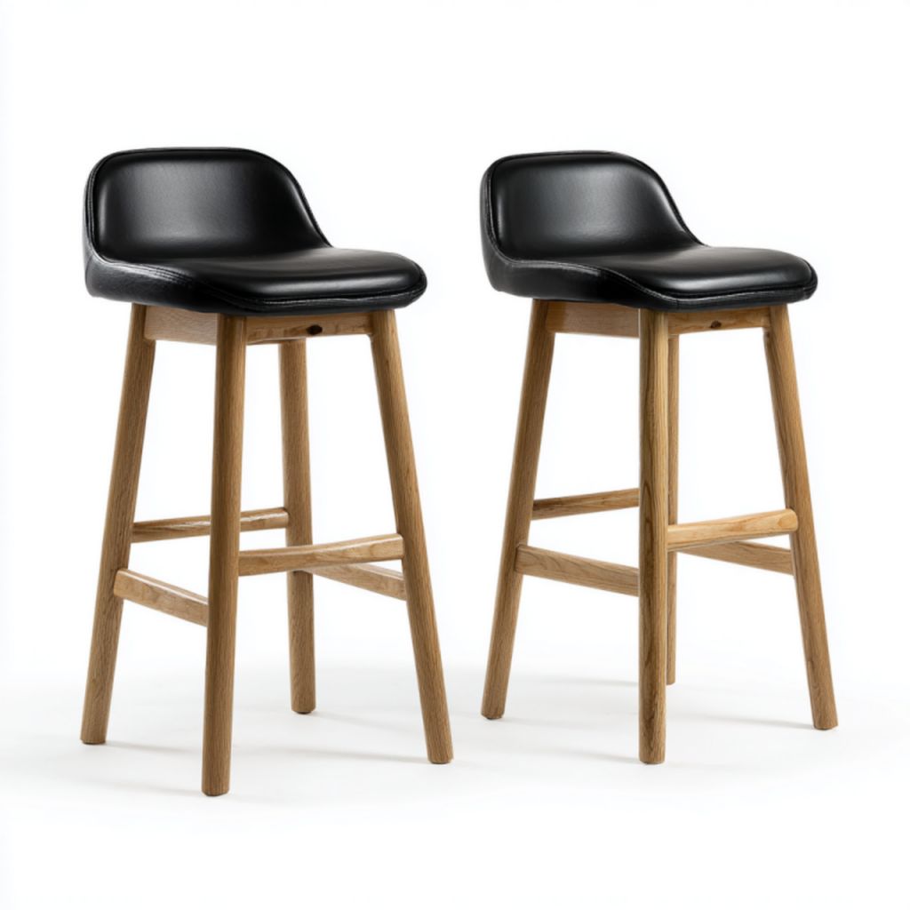 Juego de 2 taburetes nórdicos altos con asiento de cuero sintético negro y patas de madera