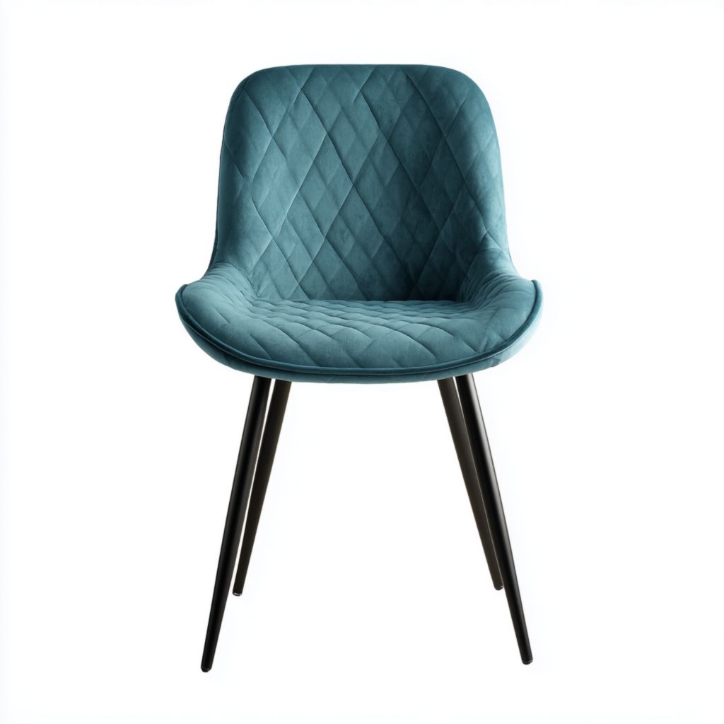 Silla de comedor tapizada en azul verdoso con patas de metal negro