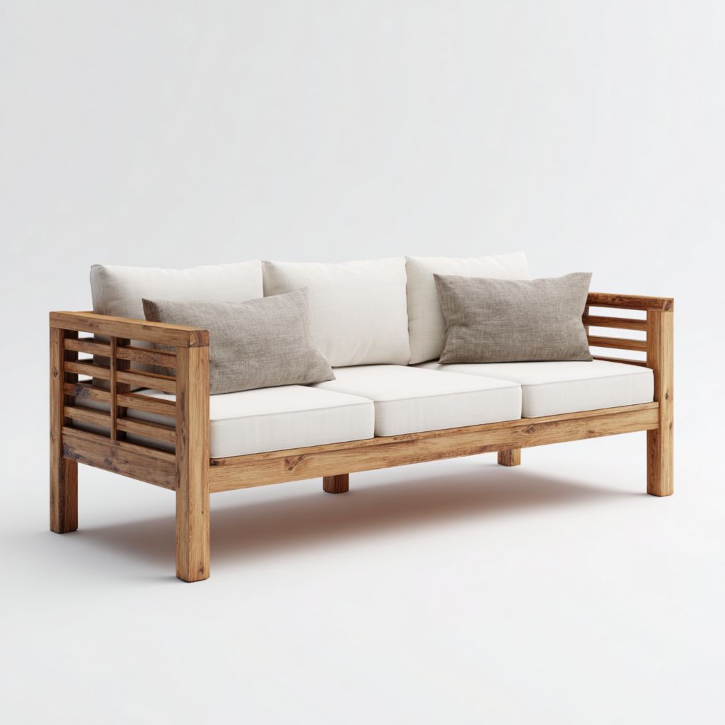 Banco de jardín de madera para tres plazas con cojines beige y almohadas grises