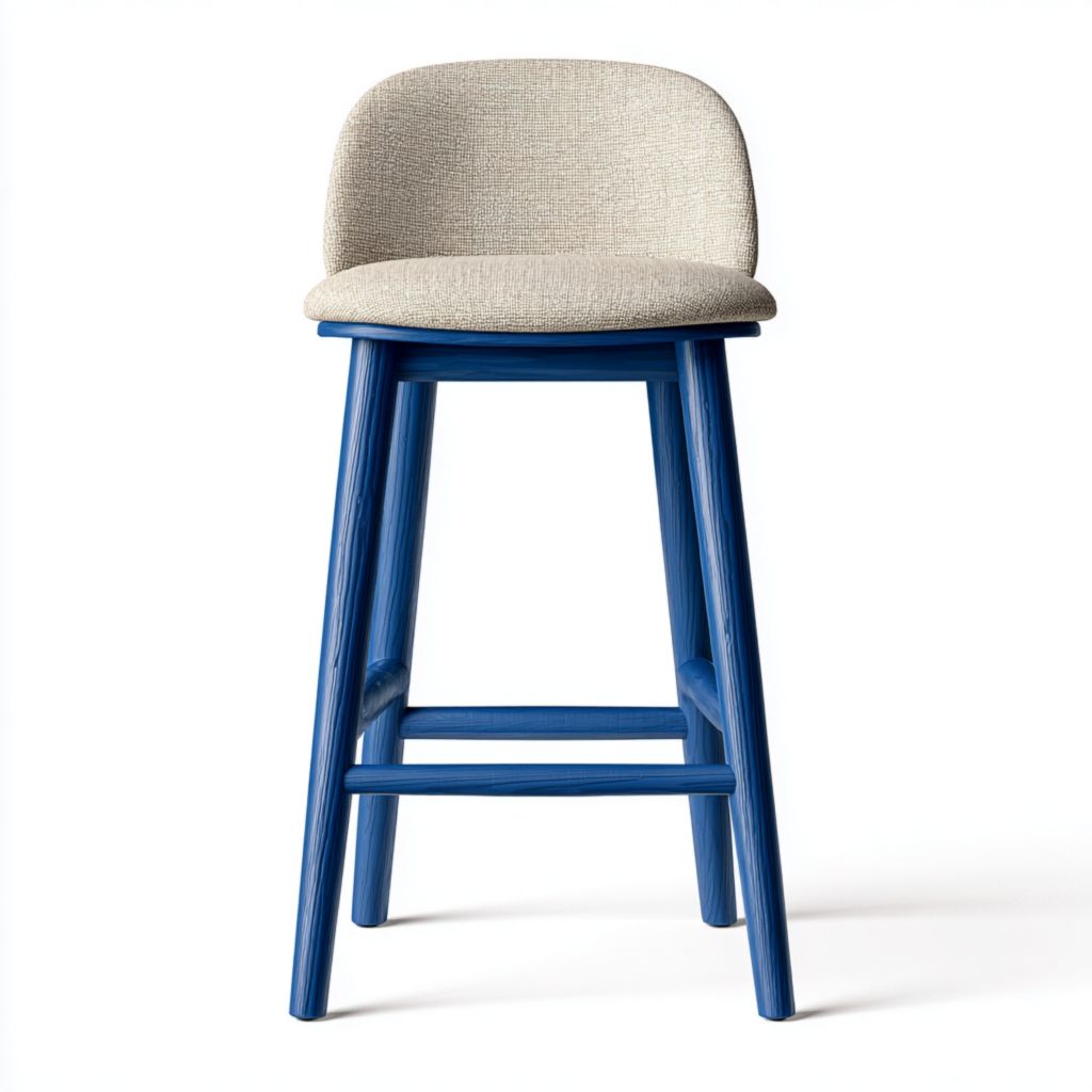 Taburete alto de exterior con estructura de madera azul y cojín cómodo, diseño moderno