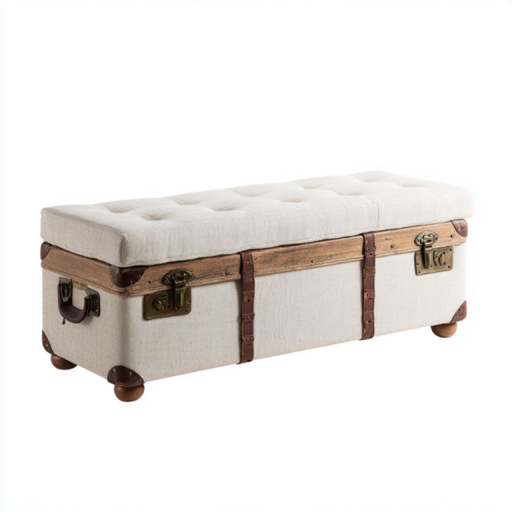 Banco baúl estilo maleta vintage en color beige con asiento acolchado