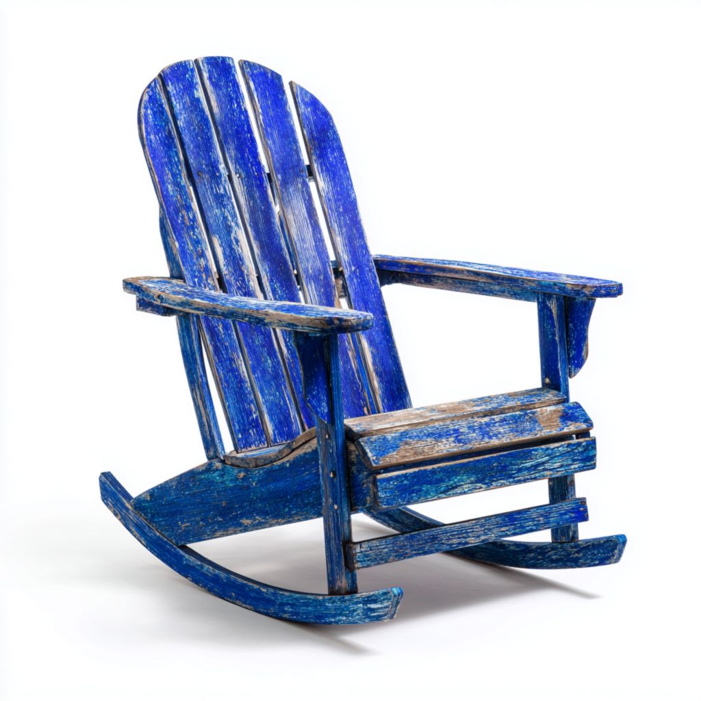 Silla mecedora de madera en color azul vintage, ideal para exteriores, diseño resistente y cómodo