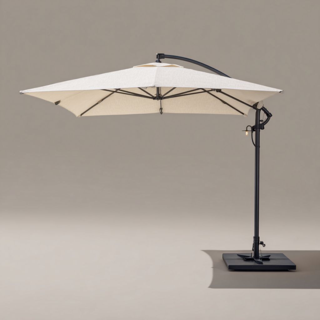 Sombrilla de Brazo Recto para Patio Beige, Estructura de Aluminio, Base Plástica Cuadrada, Ajustable, 2 Años de Garantía