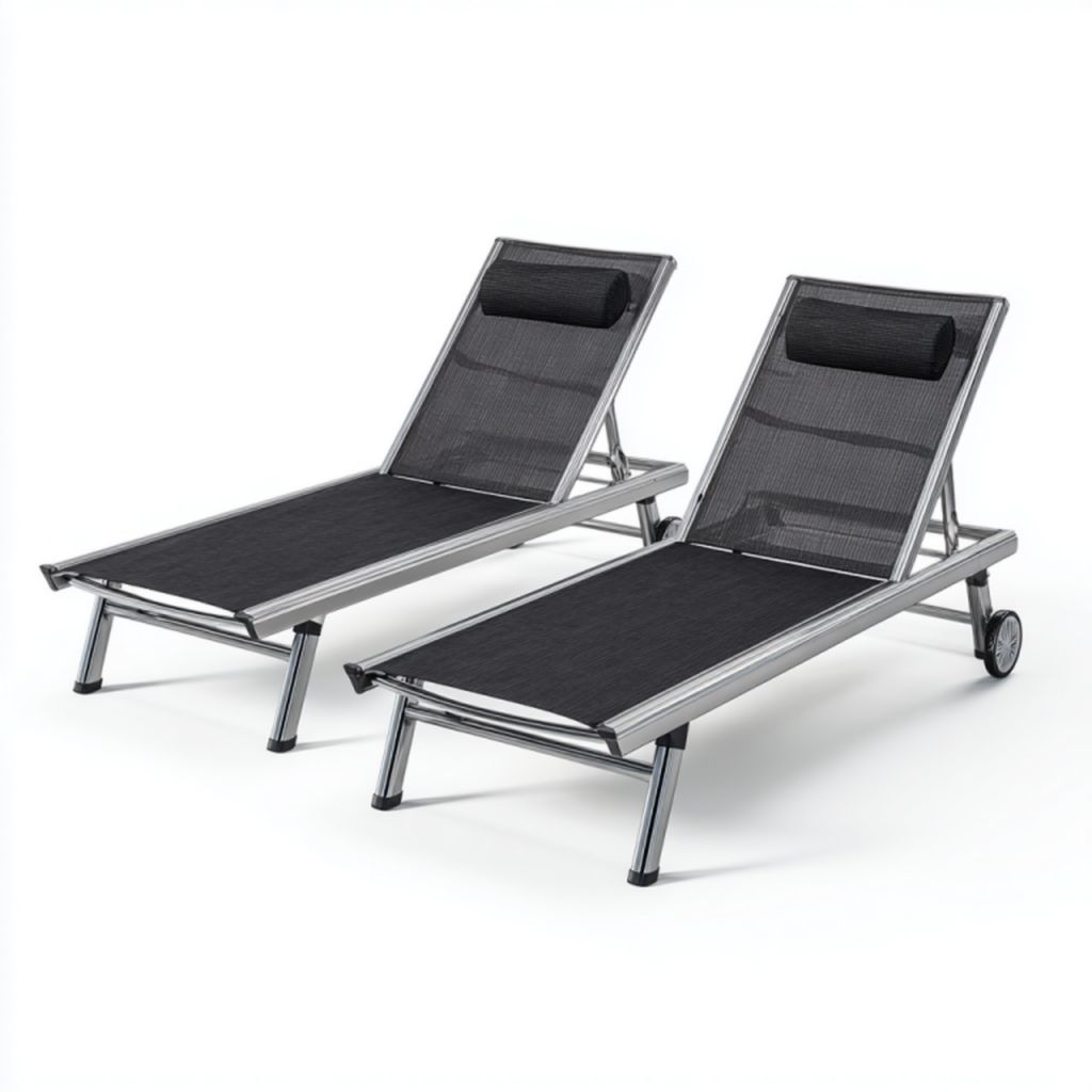 Juego de 2 tumbonas de exterior con estructura de aluminio y tejido de malla negro con reposacabezas