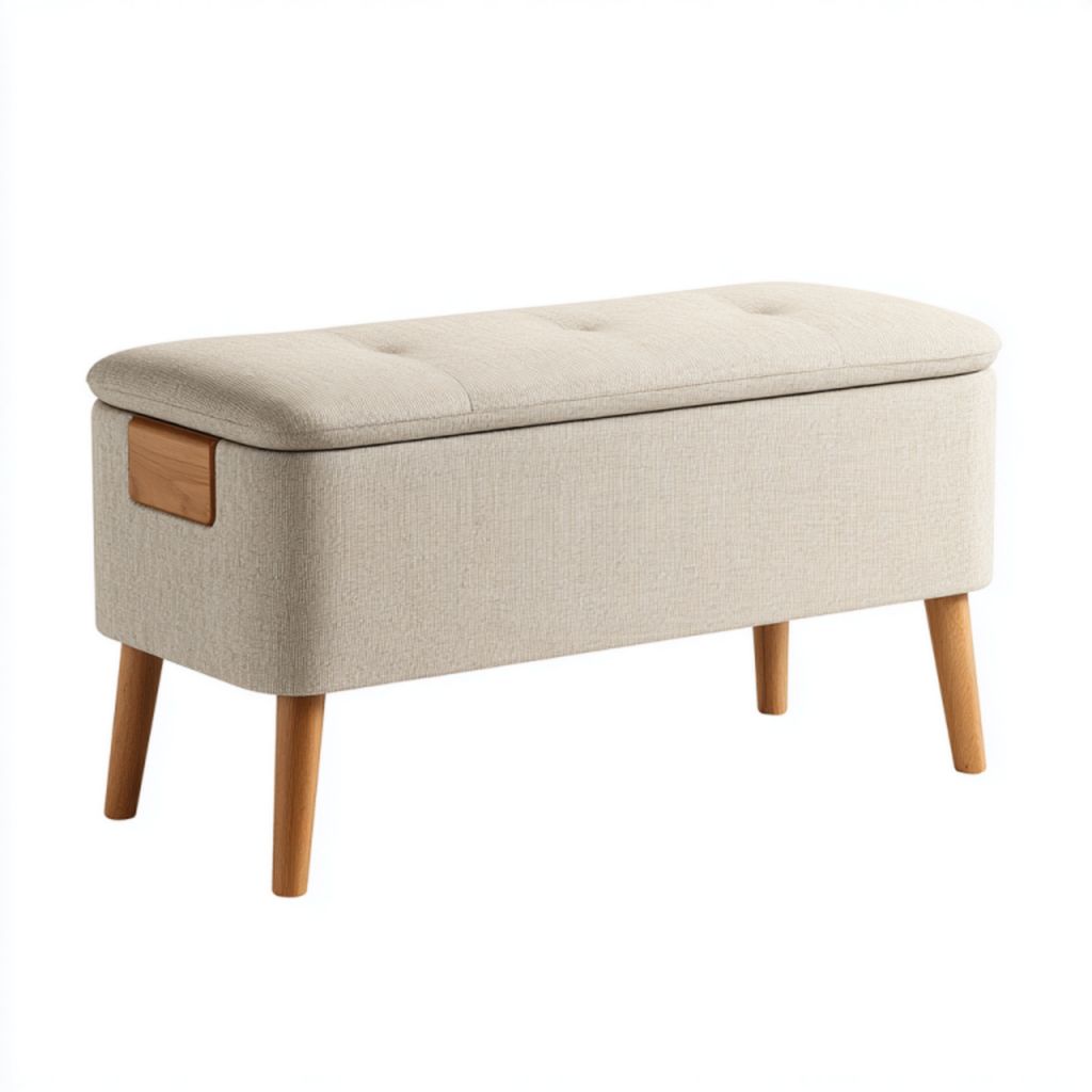 Banco de almacenamiento tapizado en tela beige con asiento acolchado y patas de madera