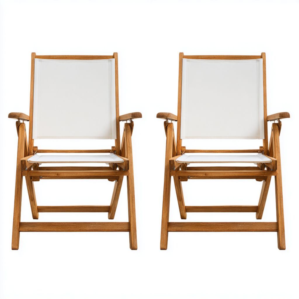 Silla plegable de madera para exterior (2 piezas por set), marco de madera con asiento de tela blanca, diseño clásico, ideal para balcón y terraza, 2 años de garantía