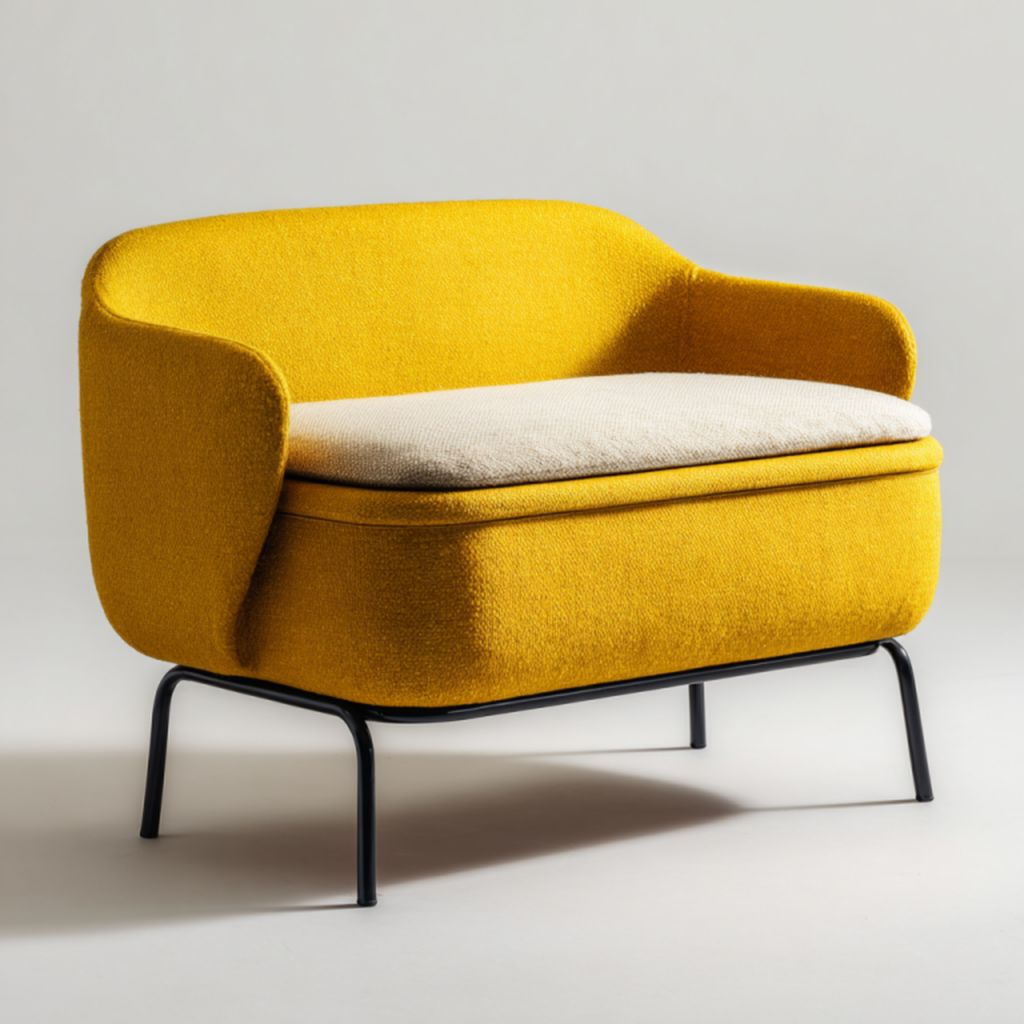 Sillón individual tapizado amarillo con cojín blanco y patas metálicas