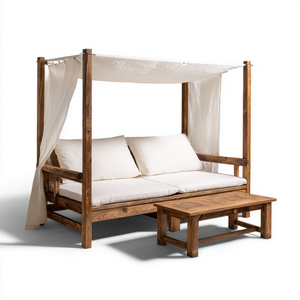 Banco de jardín de madera con dosel - Conjunto con mesa y cojines