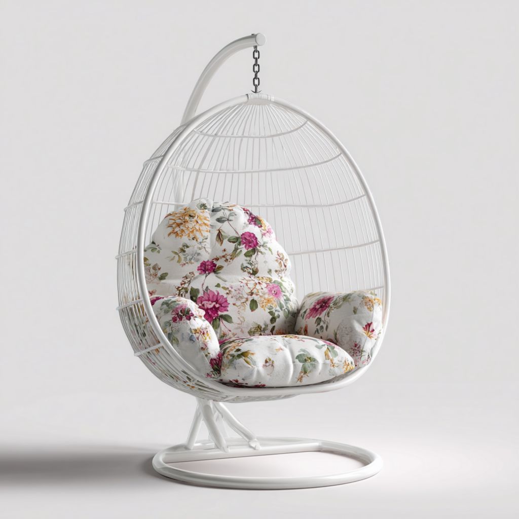Silla Colgante de Metal Blanco con Cojines de Estampado Floral, Ideal para Exterior