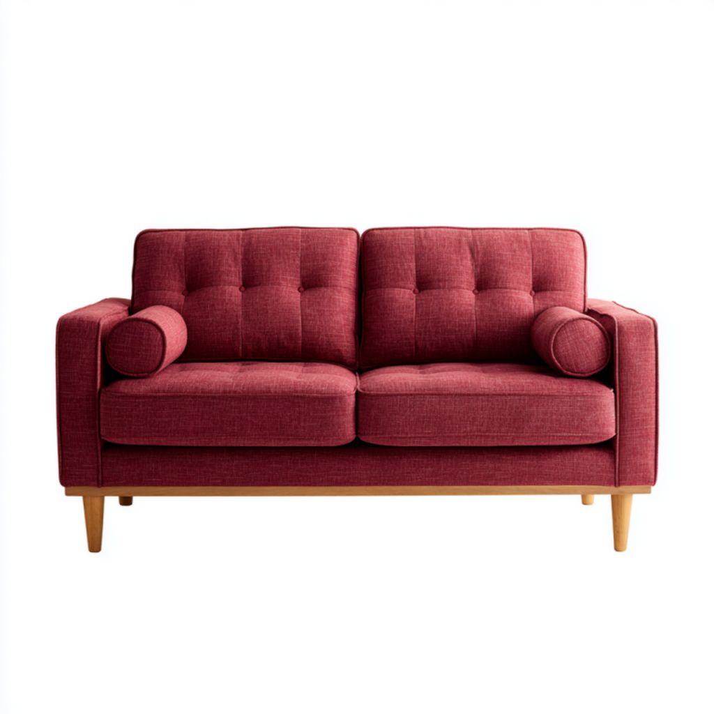 Sofá de 2 plazas rojo con patas de madera y 2 cojines cilíndricos