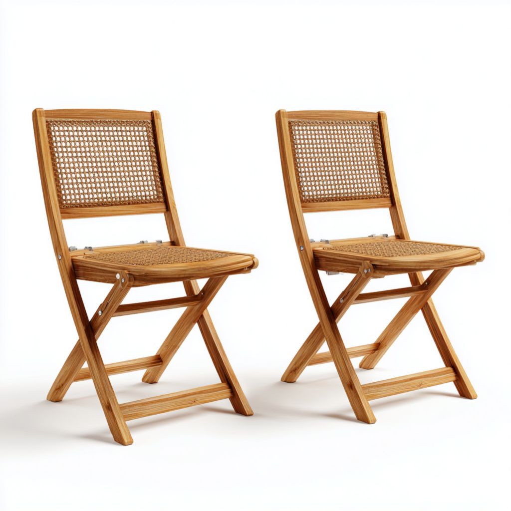 Set de 2 sillas plegables de exterior de madera con asiento de mimbre, diseño sencillo y cómodo