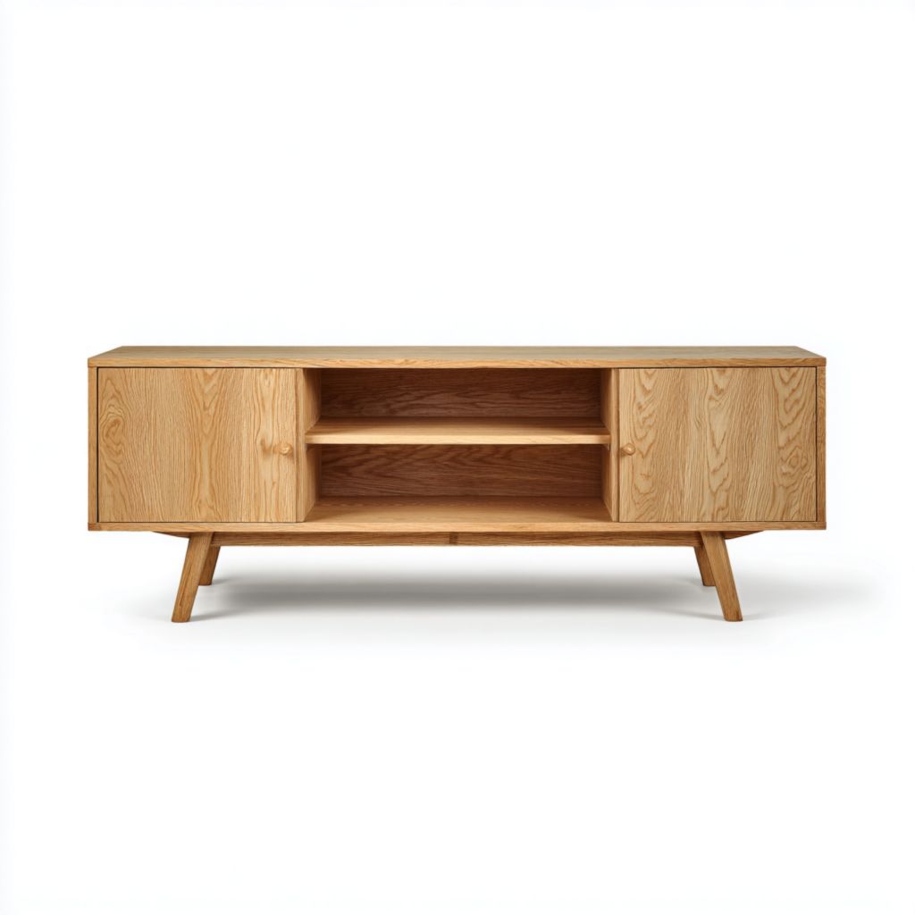 Mueble de TV color roble natural, 2 puertas + estantes centrales, patas altas inclinadas