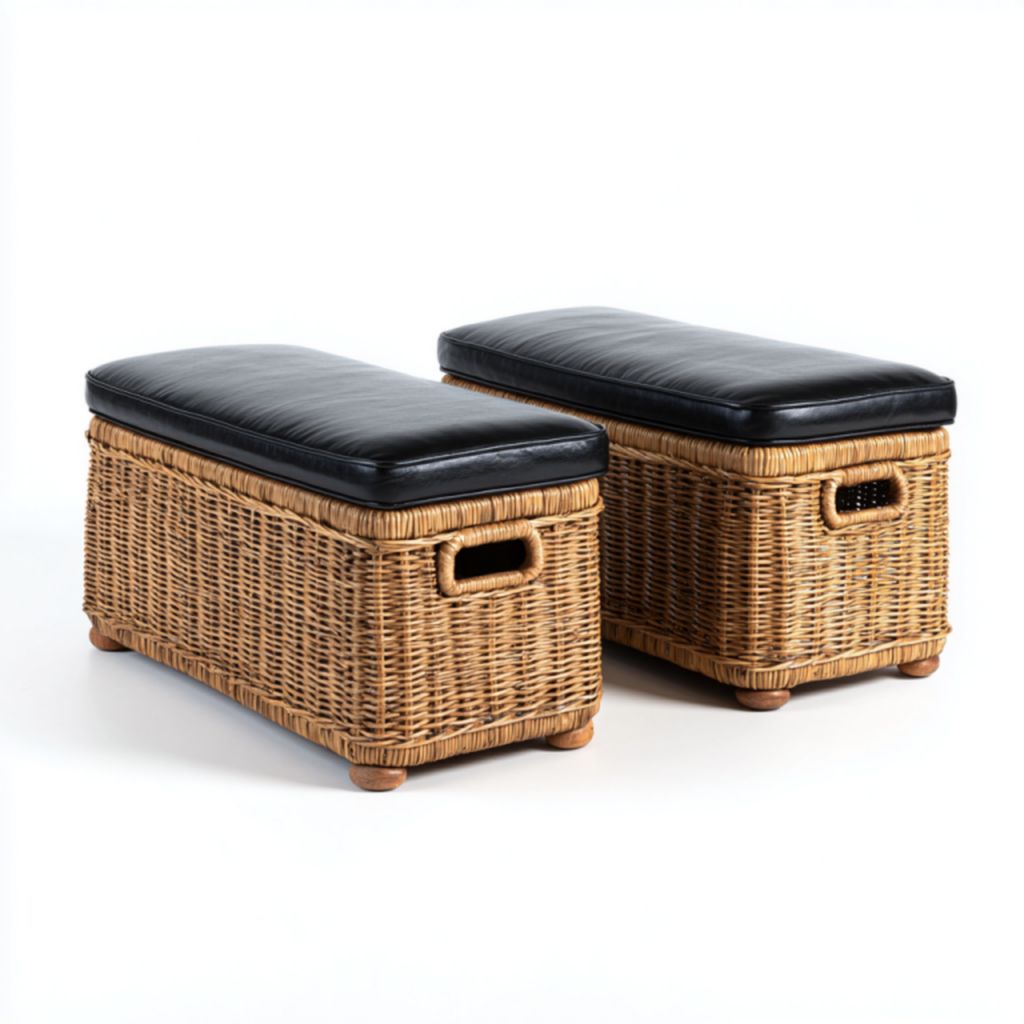 Juego de bancos de almacenamiento de mimbre con cojín de polipiel negra
