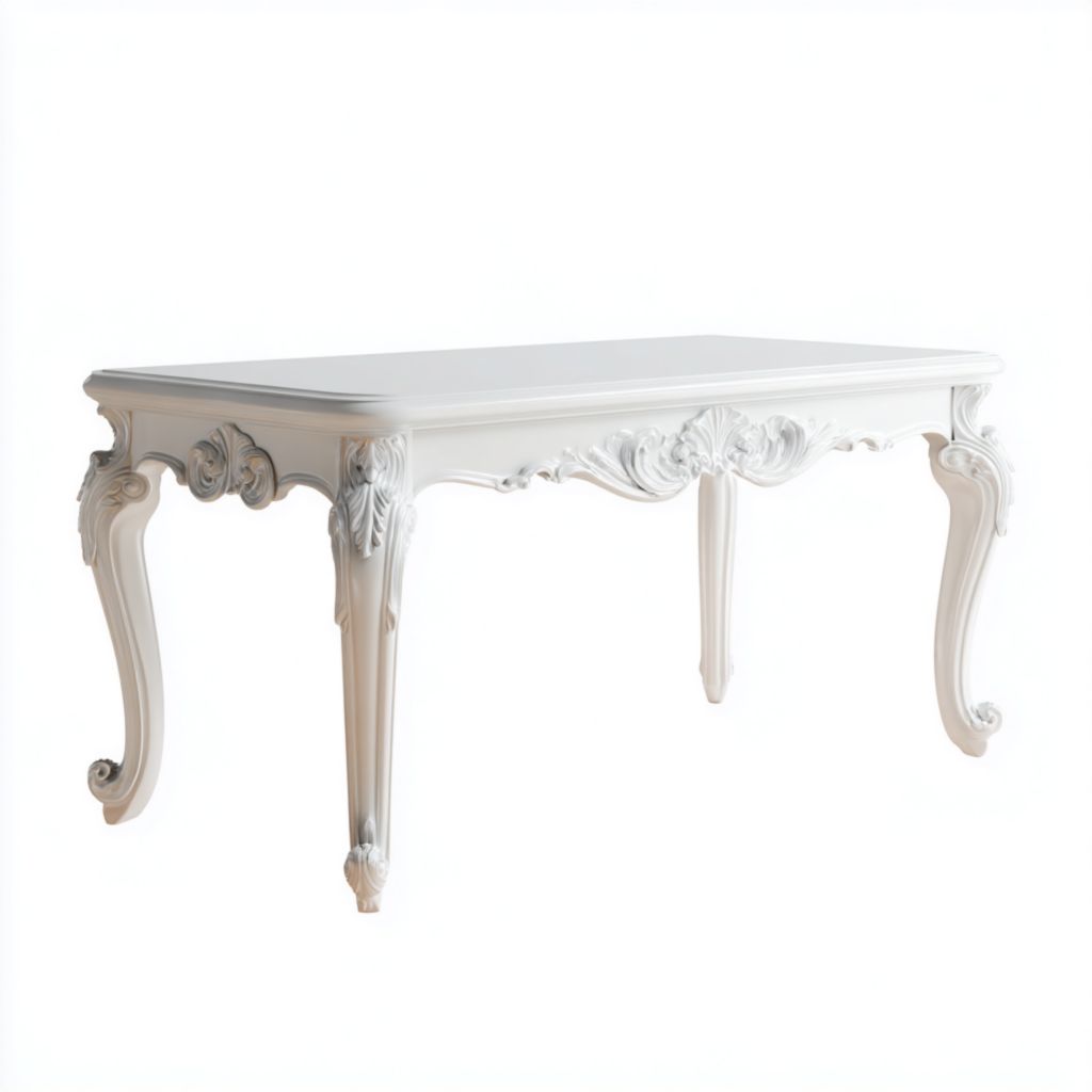 Mesa larga blanca de madera con tallado decorativo