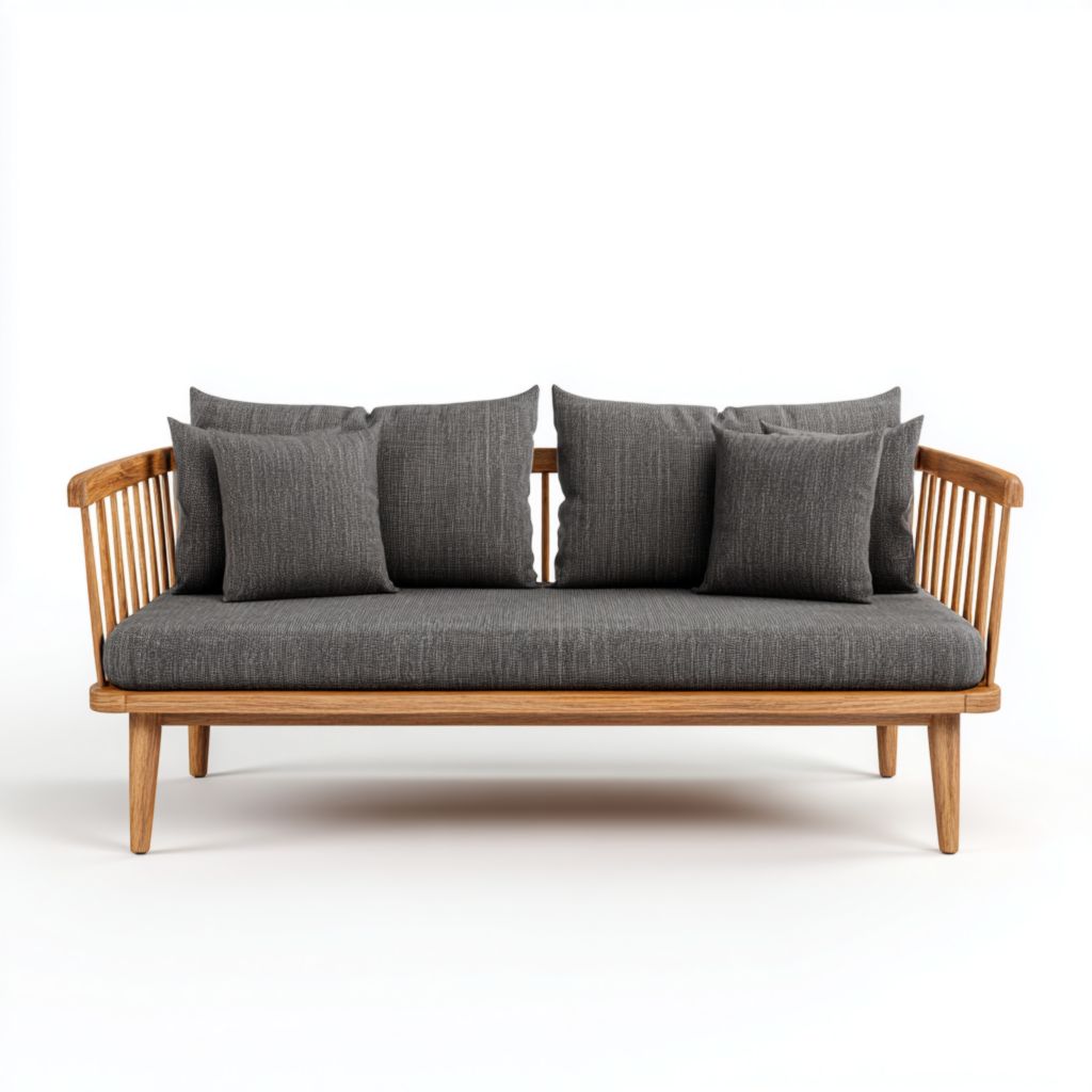 Banco de jardín de madera maciza para tres personas con cojines gris oscuro