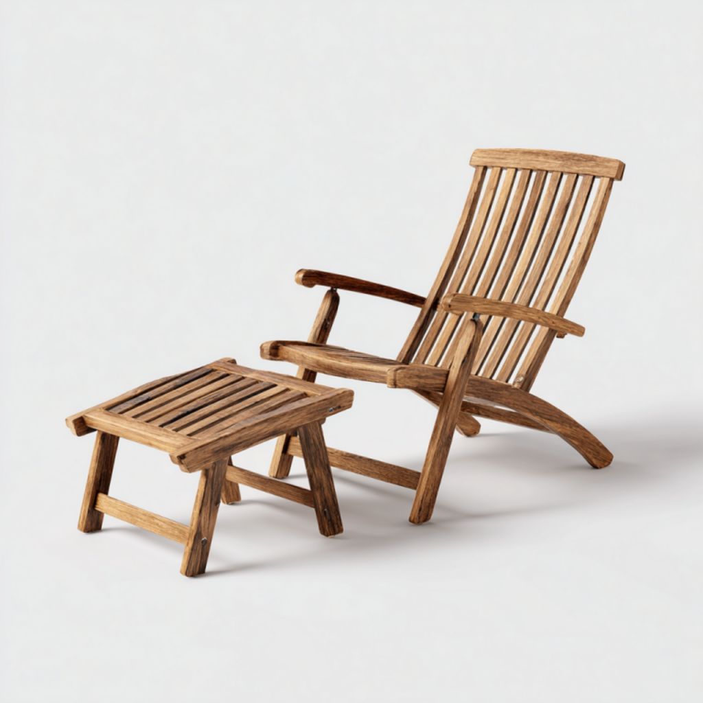 Tumbona de exterior de madera natural plegable con reposapiés